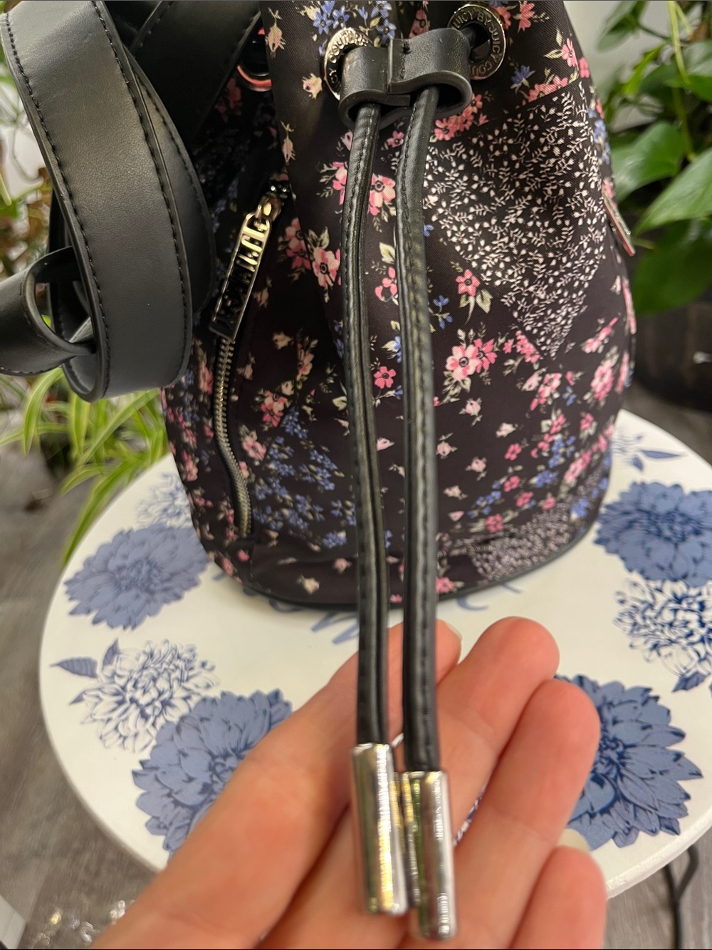 Juicy Couture Floral Drawstring Bucket Bag - Black Pink by - Picture 7 of 9